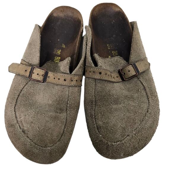 Birkenstock Eaton Suede Clogs Tan Taupe Slides Slip On Leather Mules Buckle 38 7 - Picture 1 of 16